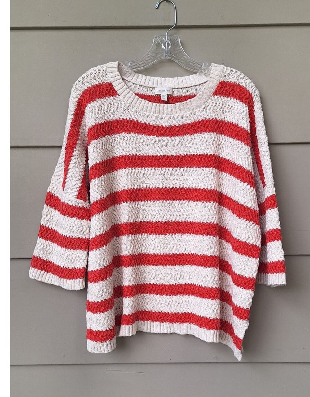 Garnet Hill Womens Organic Cotton Sweater Cream Red Stripes Relaxed Fit Casual M
